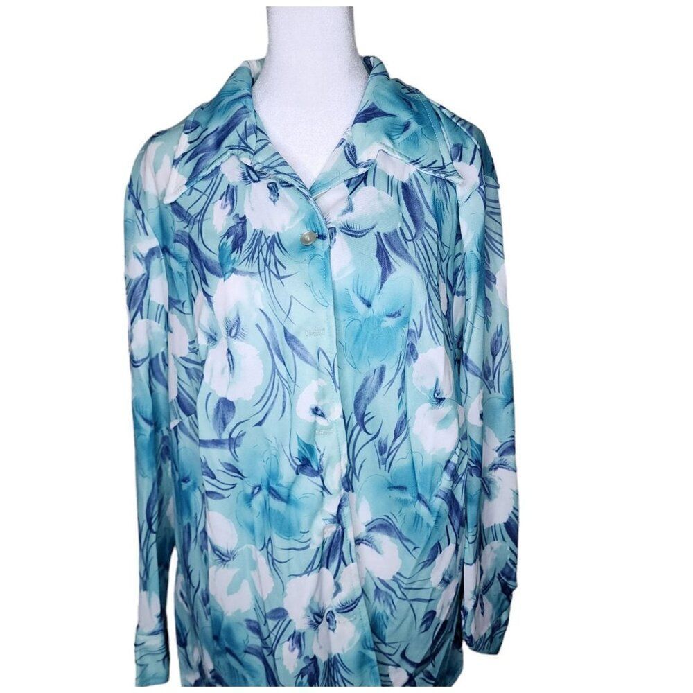 Vintage 70s Blouse Shirt Dagger Collar Womens Size 2XL Blue Floral Disco